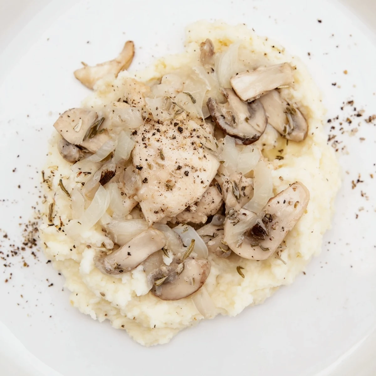 Elegant white Ghostly Gala dish with flavorful sautéed mushrooms and a sprinkle of pepper.
