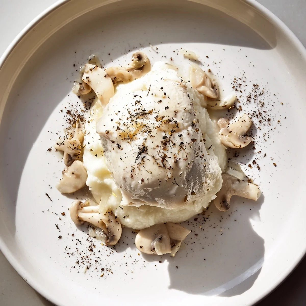 Imagine the Ghostly Gala: a beautiful all-white dish featuring chicken and a smooth purée.