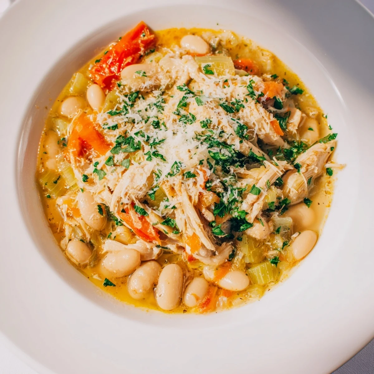 This close-up displays the hearty White Bean and Roasted Red Pepper Chicken, garnished with fresh parsley and cheese.