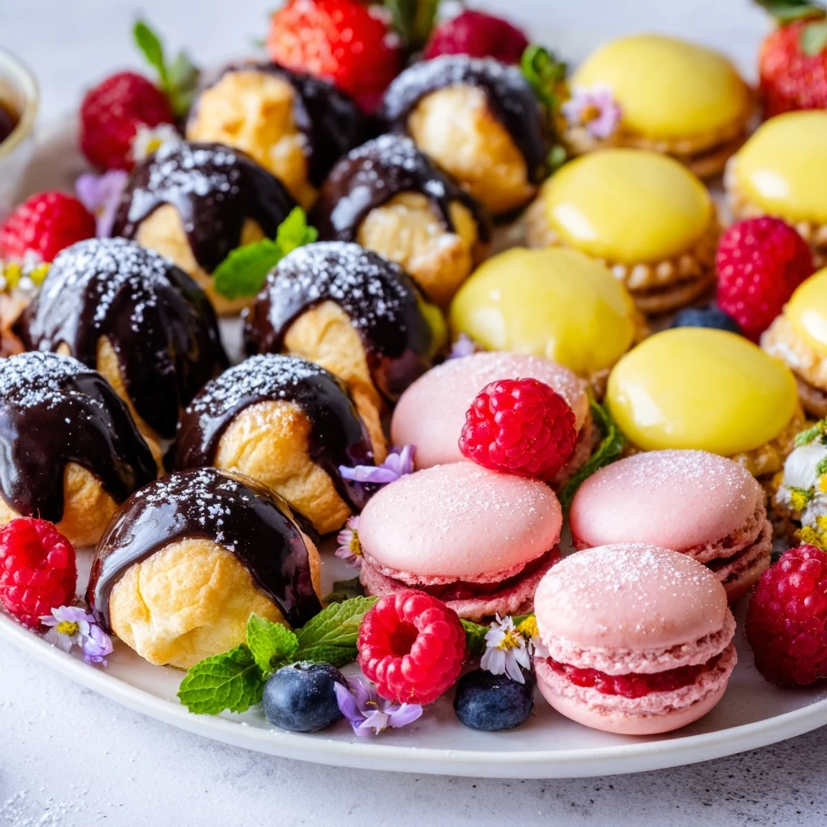 This Montgolfière dessert platter showcases an array of colorful miniature pastries and fresh berries, perfect for sharing.
