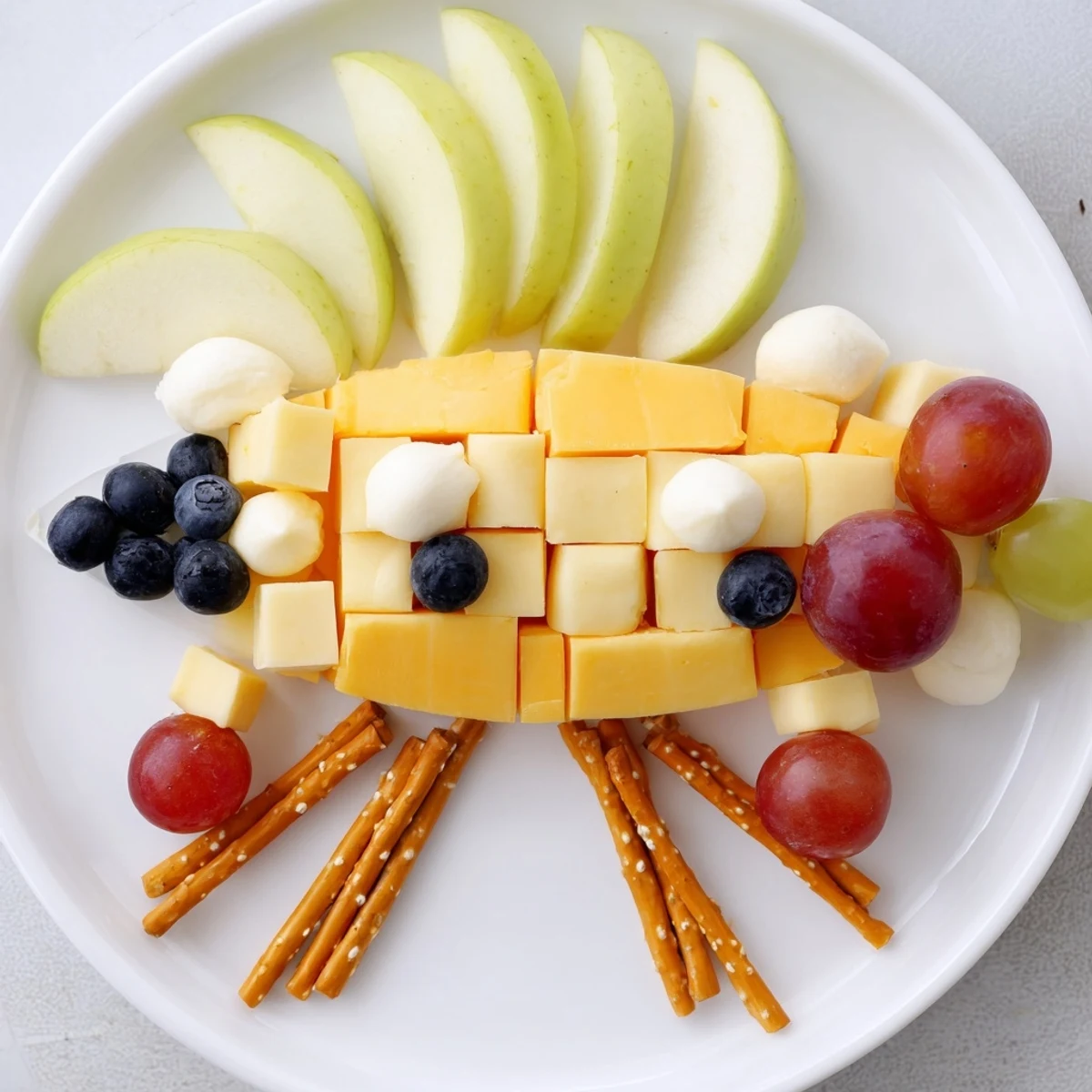 Imaginative Spaceship Launch Snack Board, filled with cheddar, fresh grapes, and crunchy pretzels for a fun party snack.