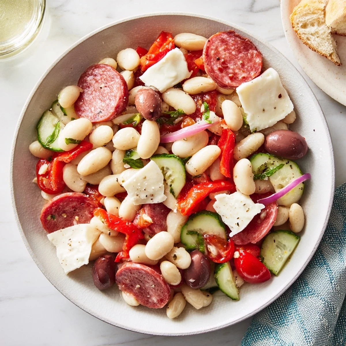 Italian Antipasto Bean Salad arranged with fresh ingredients like salami and cherry tomatoes.