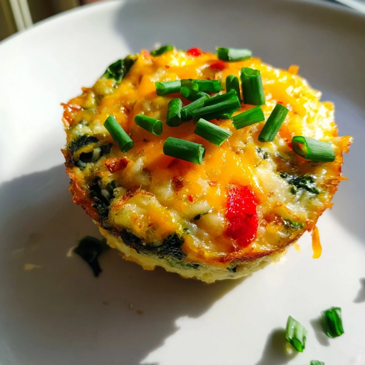 A close-up of fluffy Mini Crustless Quiches, showing the vibrant spinach and melty cheese inside.