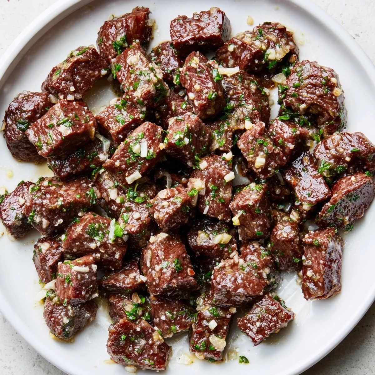Tender sirloin in the air fryer, coated in garlic-butter, ready to eat as air-fryer garlic-butter steak bites.
