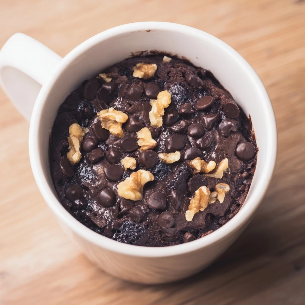 Fudgy, warm Mug Brownie fresh from the microwave, ready for a quick chocolate treat.