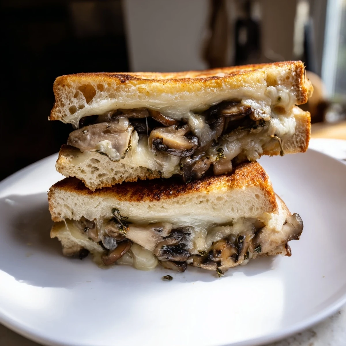 Close-up of a perfectly cooked creamy mushroom grilled cheese, ready to be sliced and enjoyed.