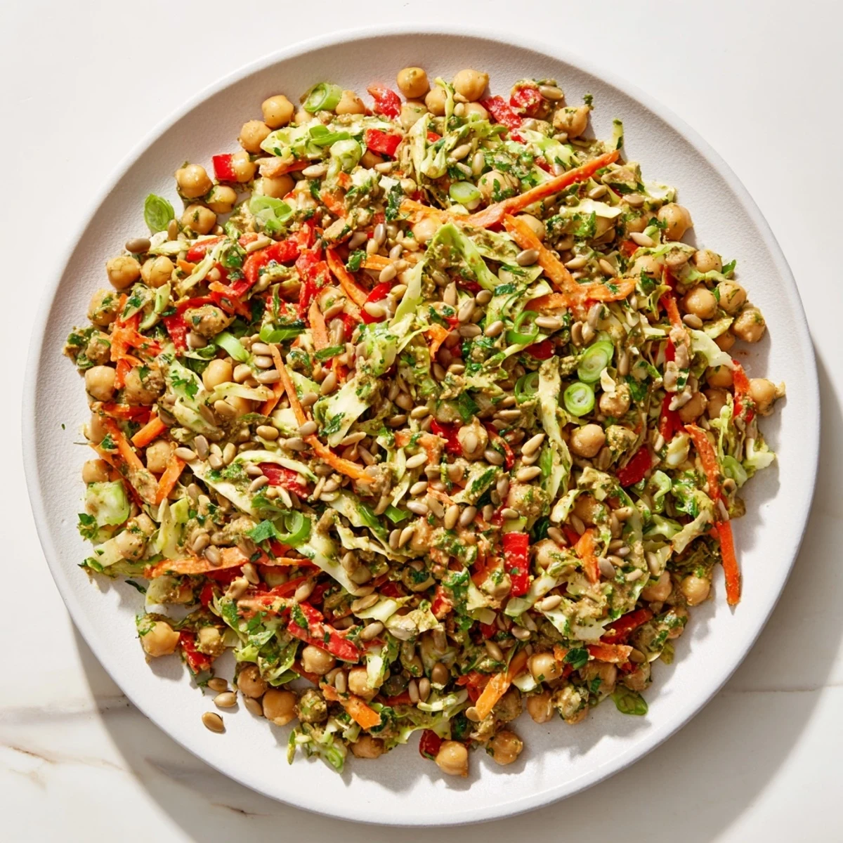 Enjoy a colorful bowl of Fiber-Forward Chickpea Salad, bursting with fresh Mediterranean flavors.