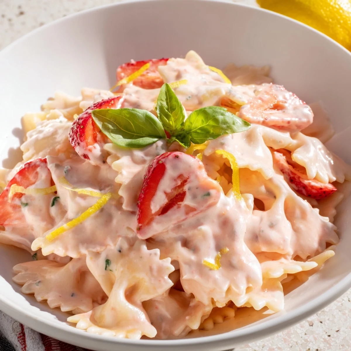Delicious Strawberry Sour Cream Pasta, showing creamy pasta coated in a sweet and tangy strawberry sauce.