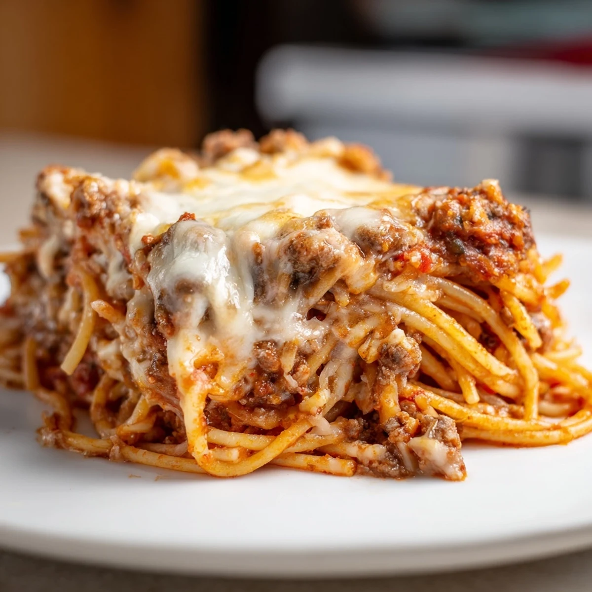 Close-up of baked Million Dollar Spaghetti, showcasing the gooey cheese and savory meat sauce in a casserole.