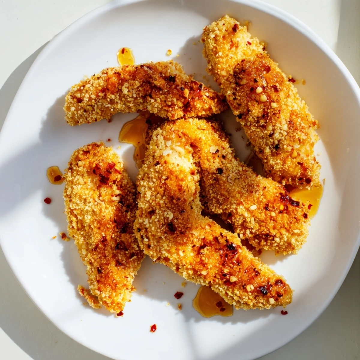 Golden, crispy panko chicken tenders drizzled with fiery hot honey, a delicious American meal.