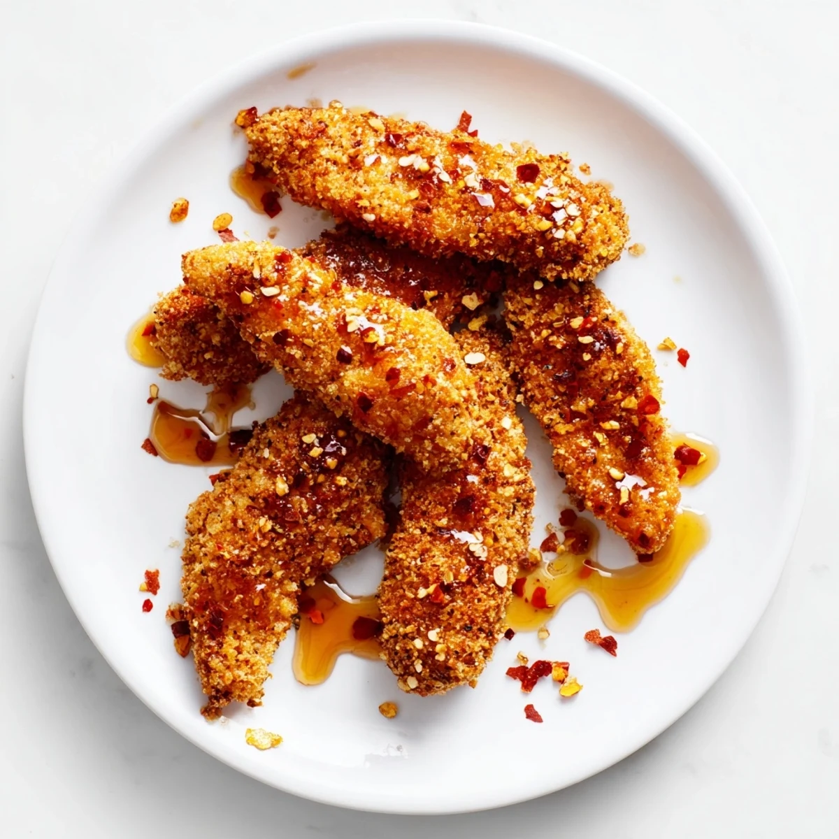 Air-fried crispy panko chicken tenders, savory and sweet with hot honey, ready to eat.