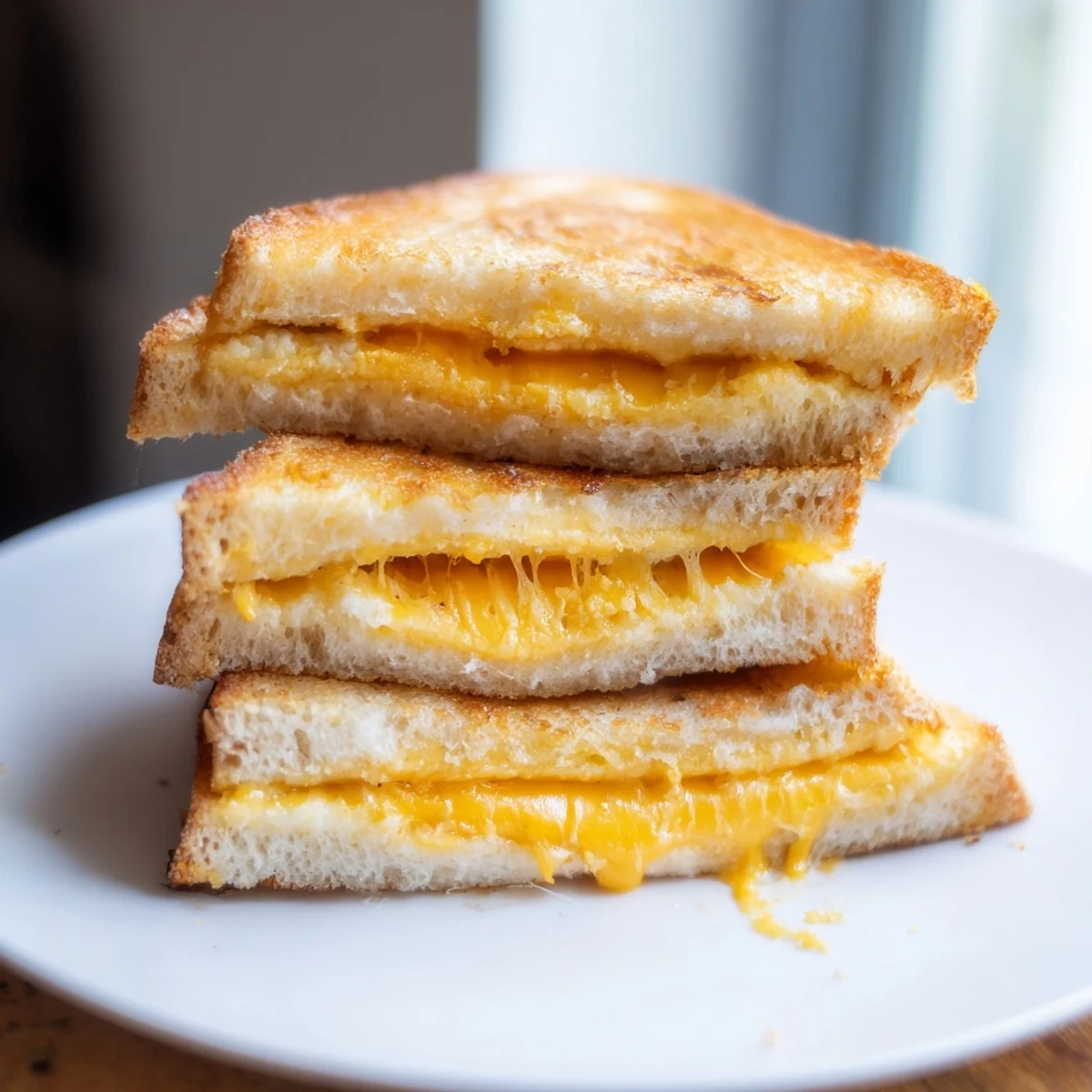 A close-up of a delicious mayo grilled cheese with cheese pull and toasted bread.