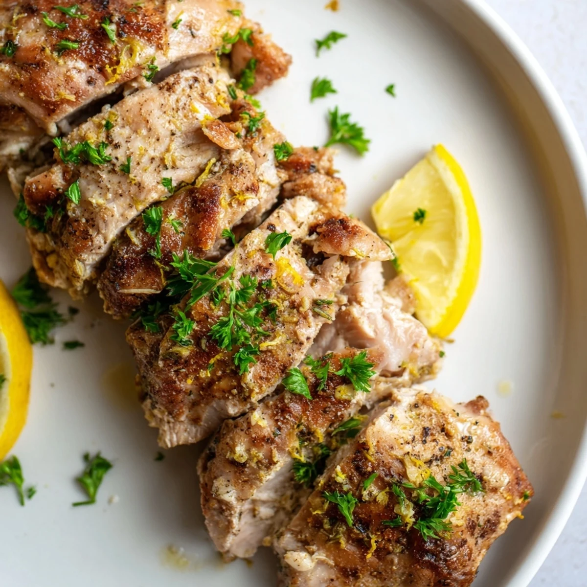 Golden-brown Greek yogurt chicken, baked to perfection, ready to be paired with lemon wedges.