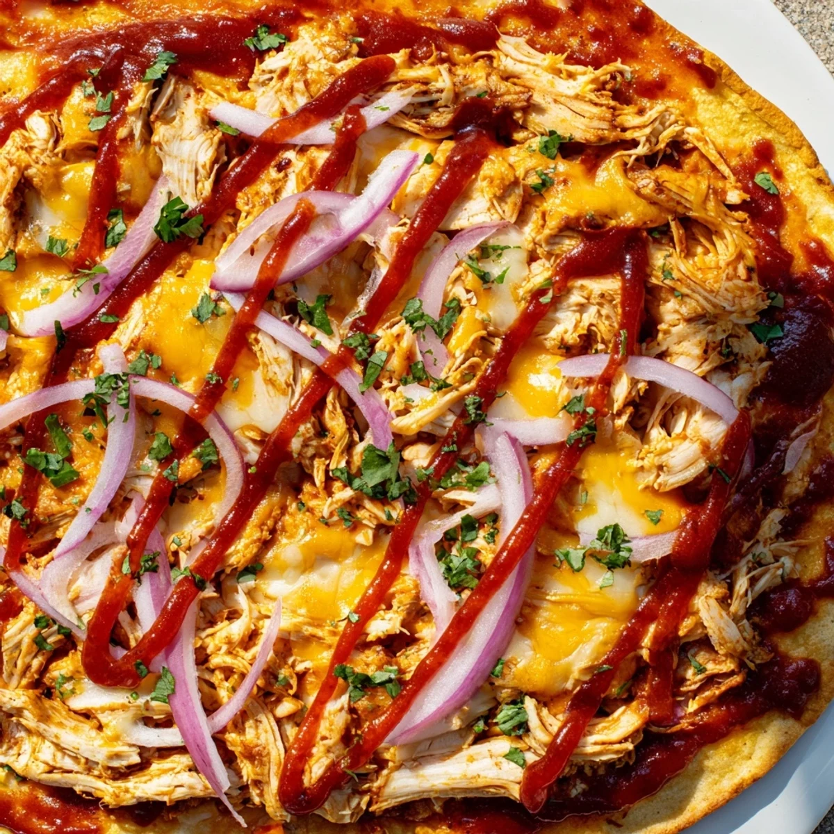 Golden, bubbly BBQ Chicken Flatbread ready to slice, sprinkled with cilantro and red onion.