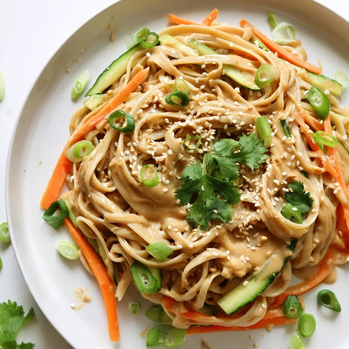 Steaming plate filled with colorful cold sesame noodles, topped with fresh veggies and peanuts.