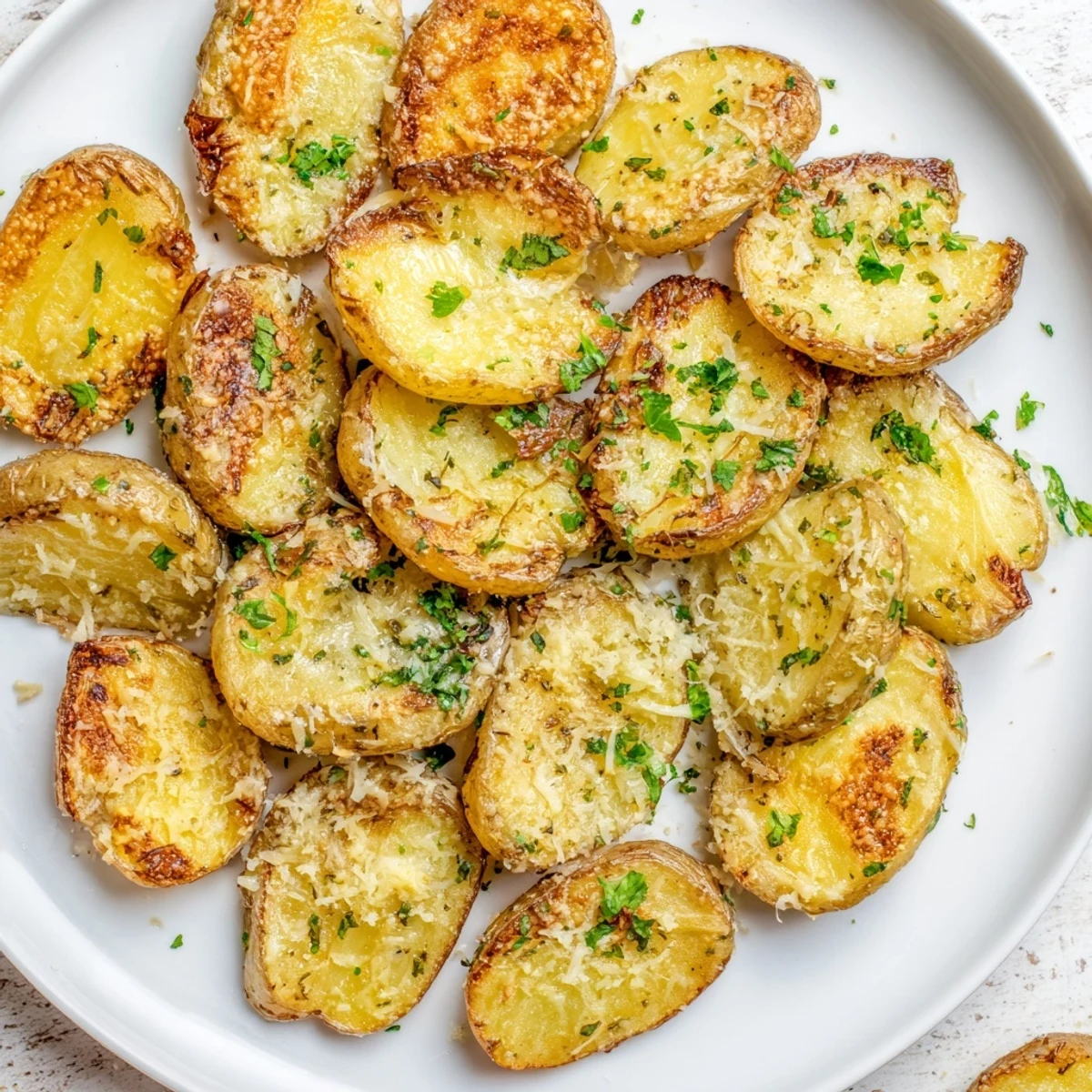 A plate of freshly baked Garlic Parmesan Potatoes, ready to add flavor to any meal.