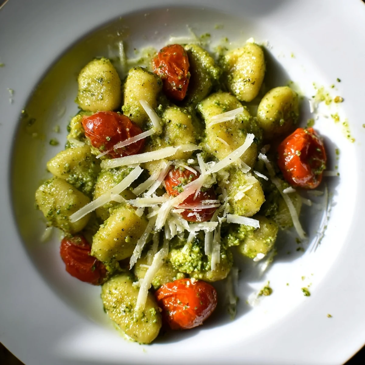Vibrant image of crispy gnocchi with pesto, fragrant basil, and juicy cherry tomatoes ready to enjoy.