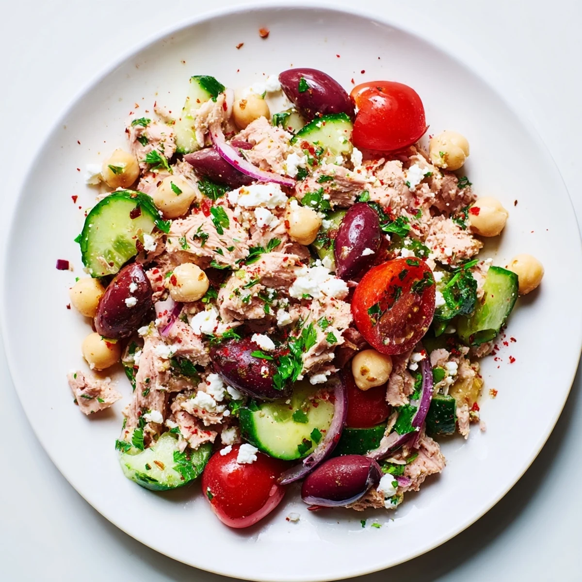 A refreshing bowl of Tuna Chickpea Salad with vibrant cherry tomatoes and a lemon dressing.