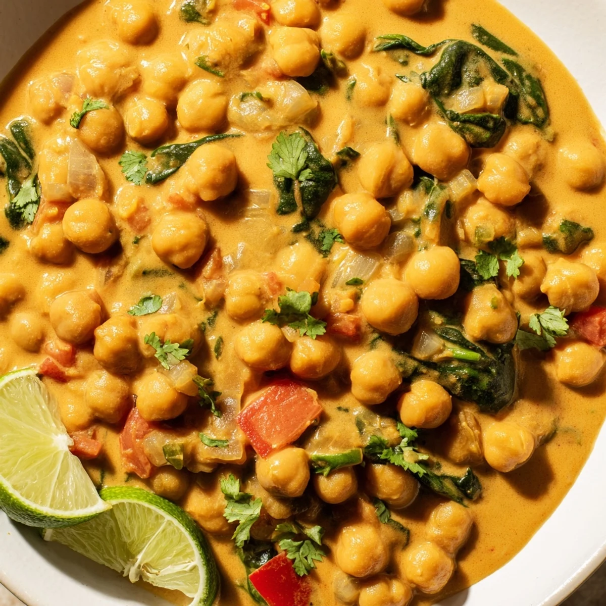 Aromatic Chickpea Curry, thick and creamy with visible chickpeas and vegetables, is perfect comfort food.