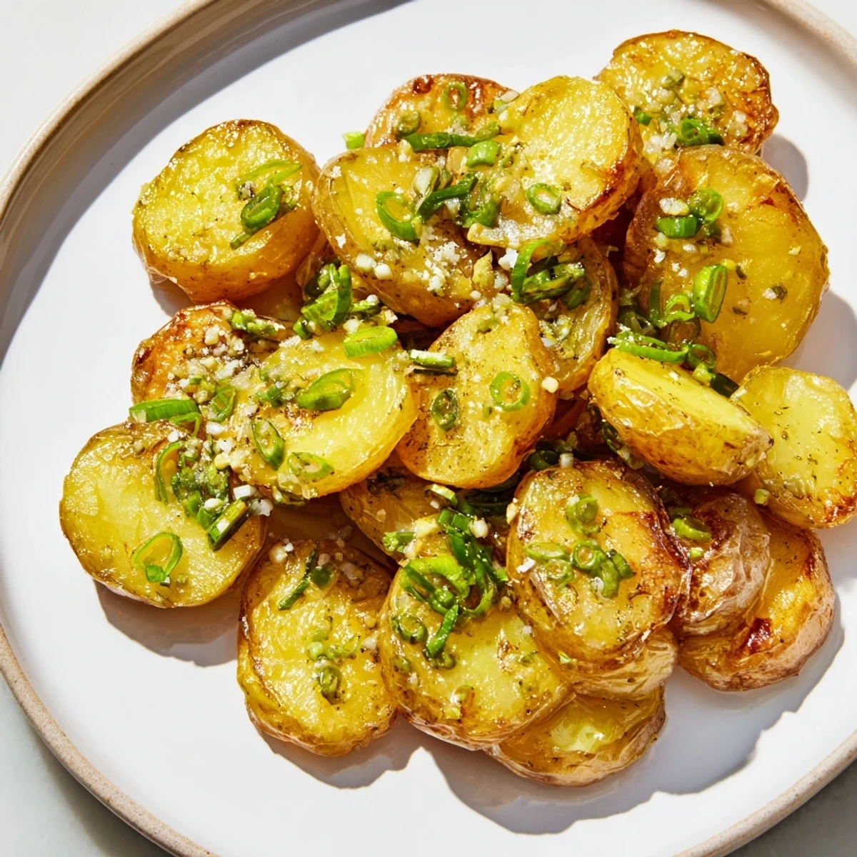 Oven-roasted Smashed Green Onion Potato Bombs boasting crispy edges, a delectable vegetarian side dish.