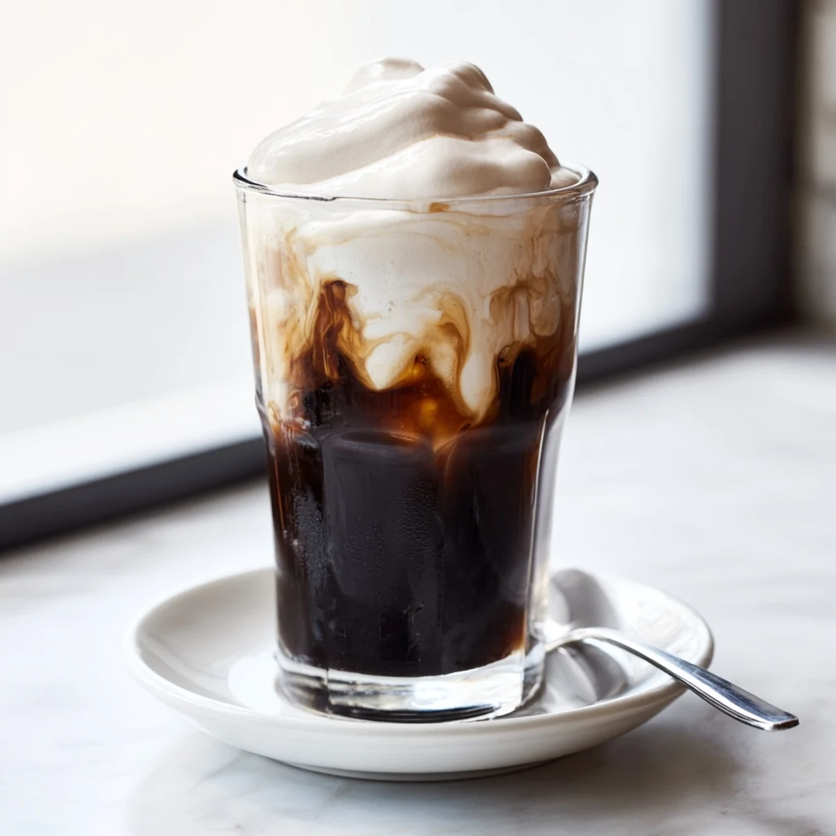 The perfect, thick Starbucks cold foam, vanilla-infused, cascading over a glass of rich, dark cold brew coffee.