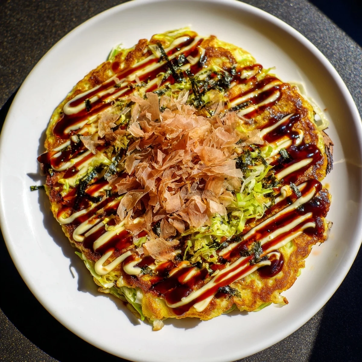 A close-up shot of hot, fluffy okonomiyaki, topped with dancing bonito flakes and creamy mayonnaise.