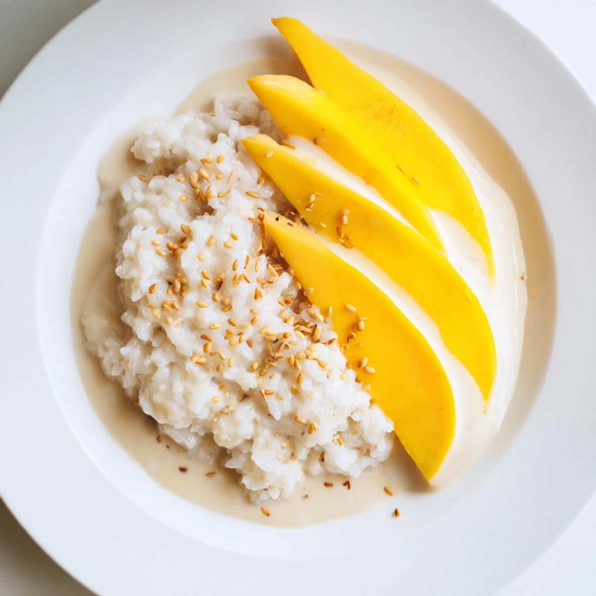 Enjoy a visual of colorful Thai Mango Sticky Rice, a dessert featuring sticky rice and juicy mango.