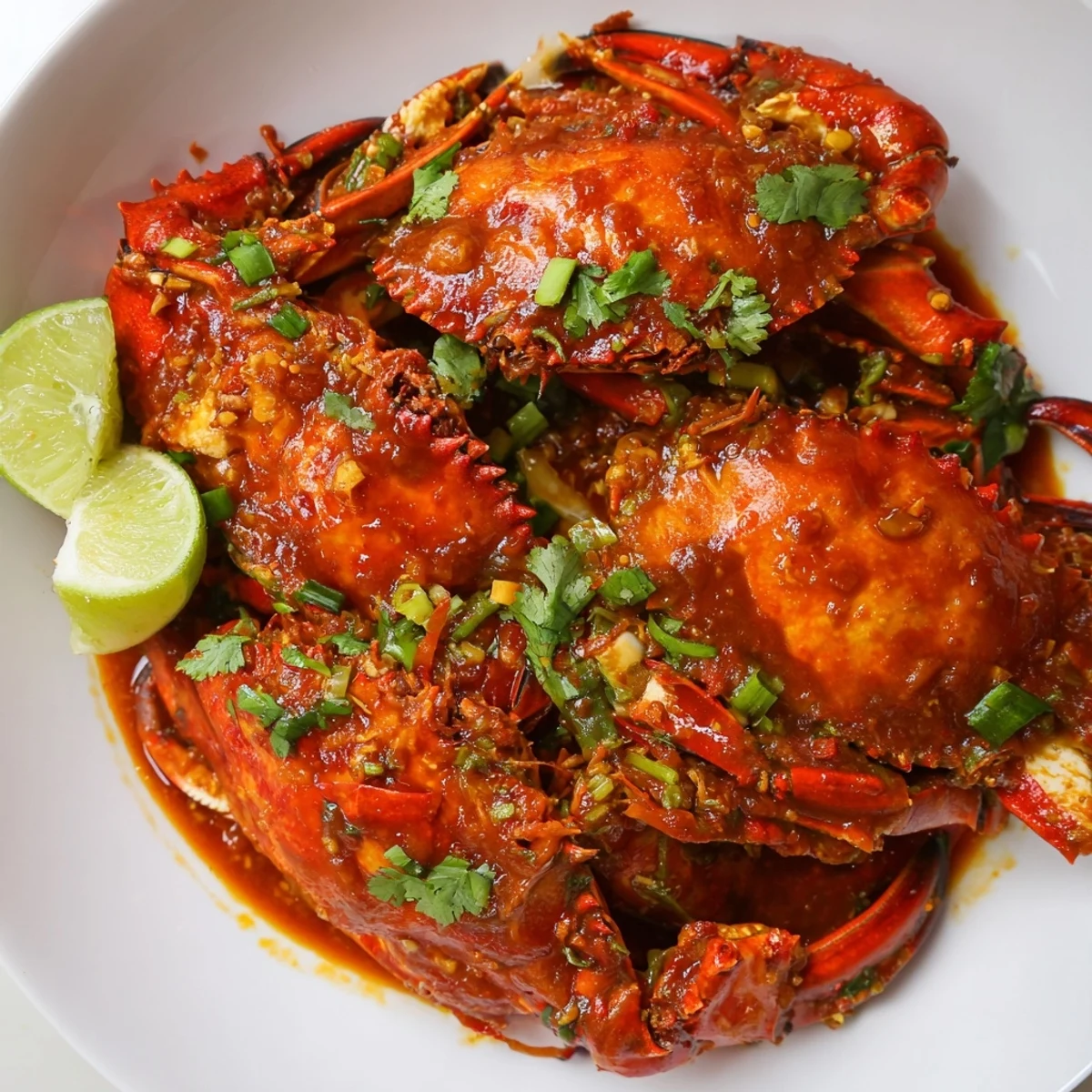 Steaming crabs bathed in rich, red Singaporean Chili Crab sauce, ready to be devoured.