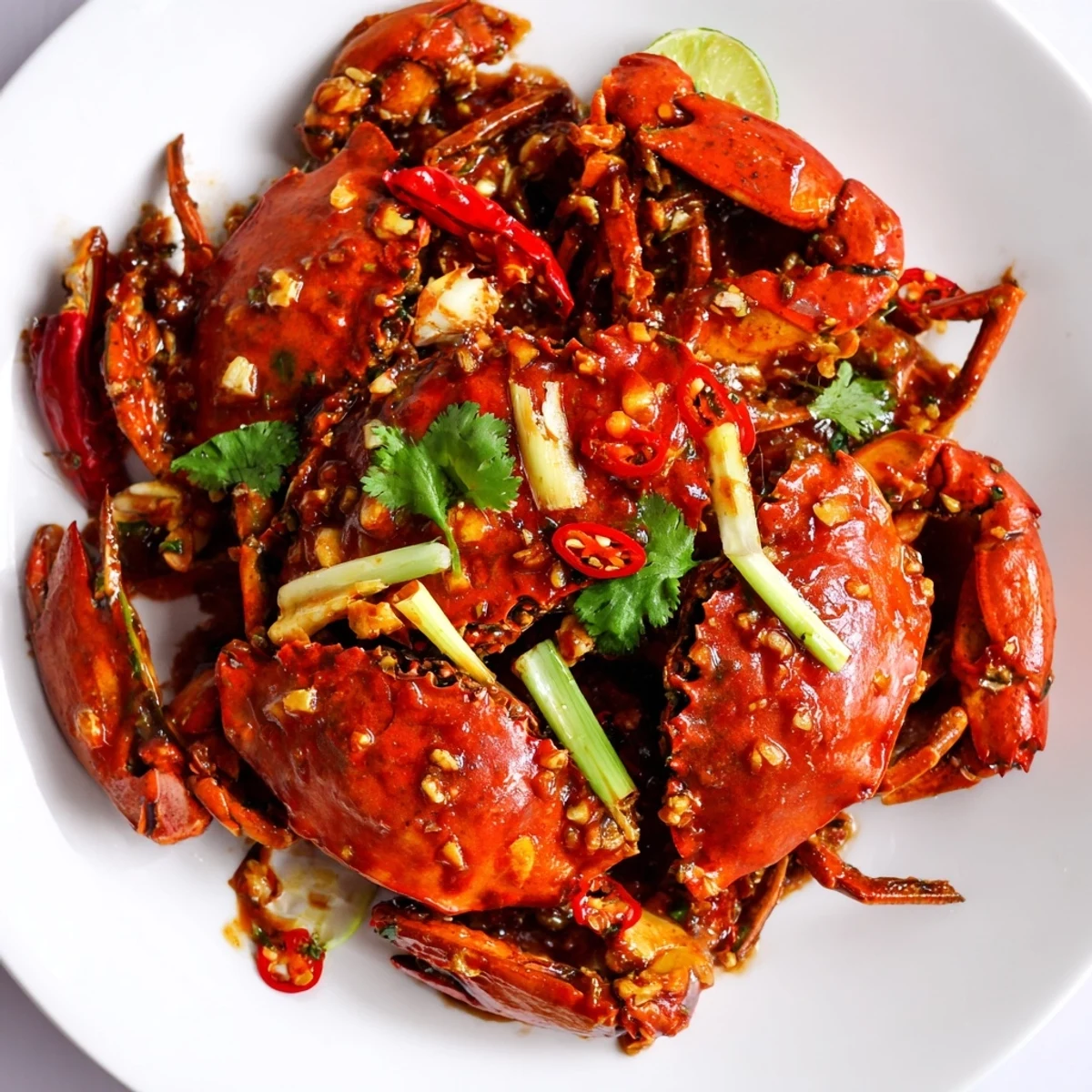 Fragrant Singaporean Chili Crab: a close-up shows tender crab pieces covered in a vibrant, spicy sauce.