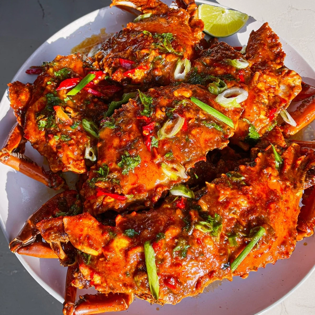A beautiful serving of Singaporean Chili Crab, garnished with cilantro, perfect for dinner tonight.