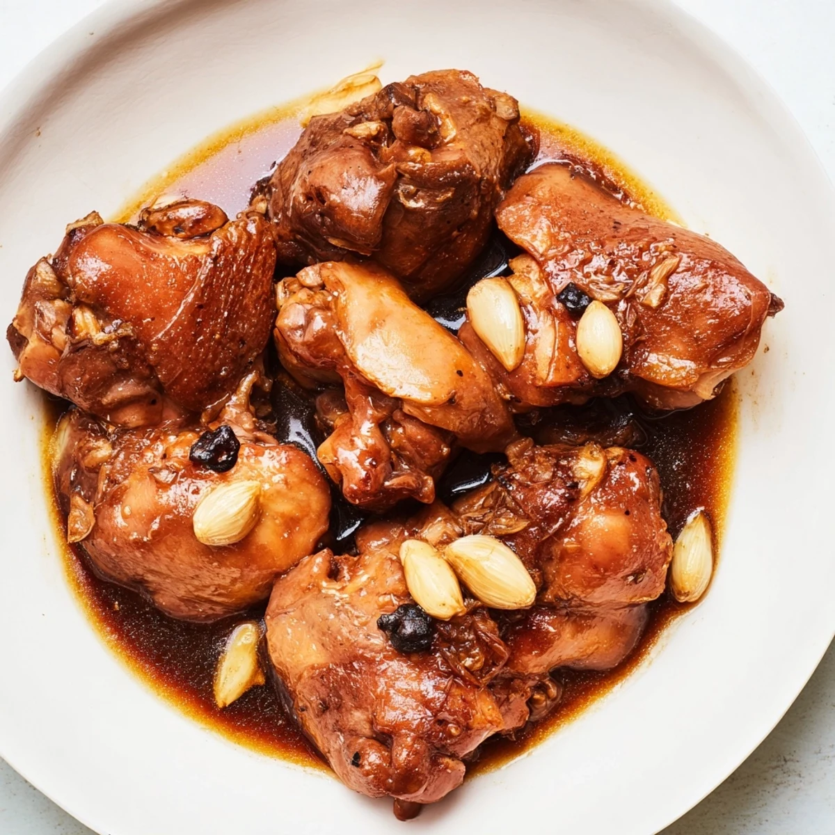 Close-up of bubbling Filipino Chicken Adobo, showcasing the flavorful braised chicken with garlic and spices.