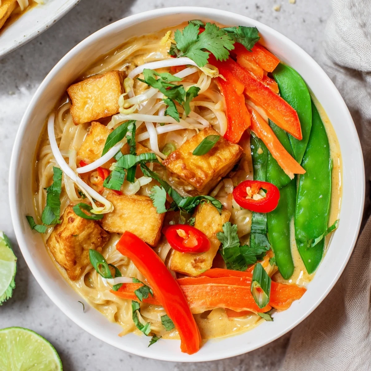 Steaming Malaysian Laksa curry, filled with colorful vegetables, tofu, and fragrant spices in a rich broth.