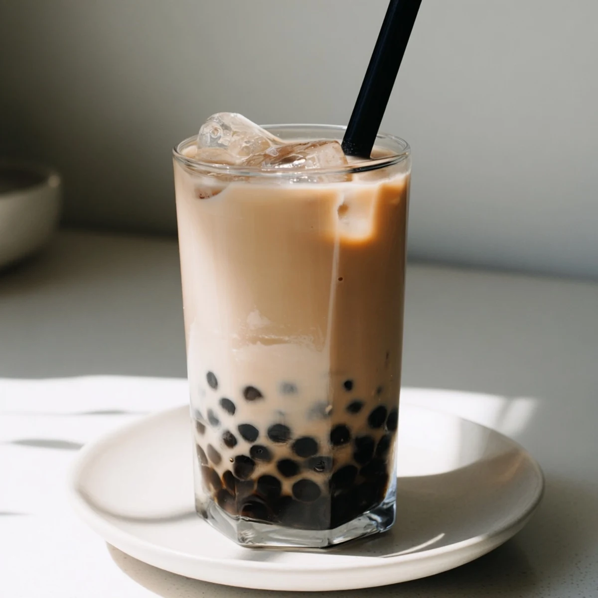 Delicious boba tea hack with chewy tapioca pearls in milk, ready to drink now.