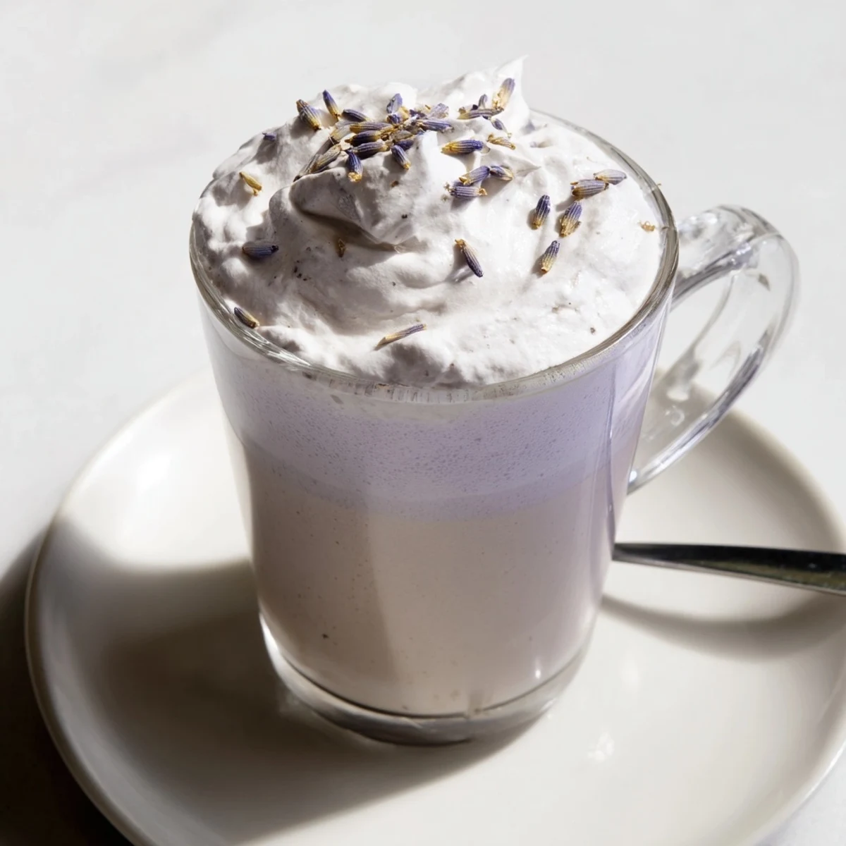 Frothy Whipped Lavender Latte, showcasing a rich espresso base and sweetened with homemade lavender syrup.
