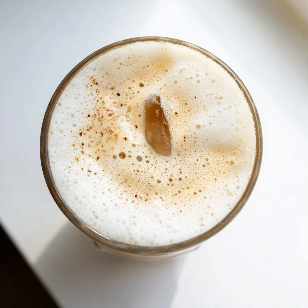 Iced Chai Tea with cold foam, swirling with creamy white foam and spiced chai goodness served in a glass.