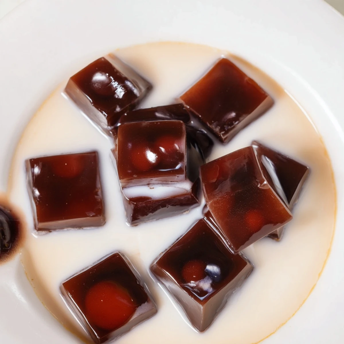 Creamy coffee jelly drink with coffee cubes swimming in a sweet milk mixture, ready to delight.