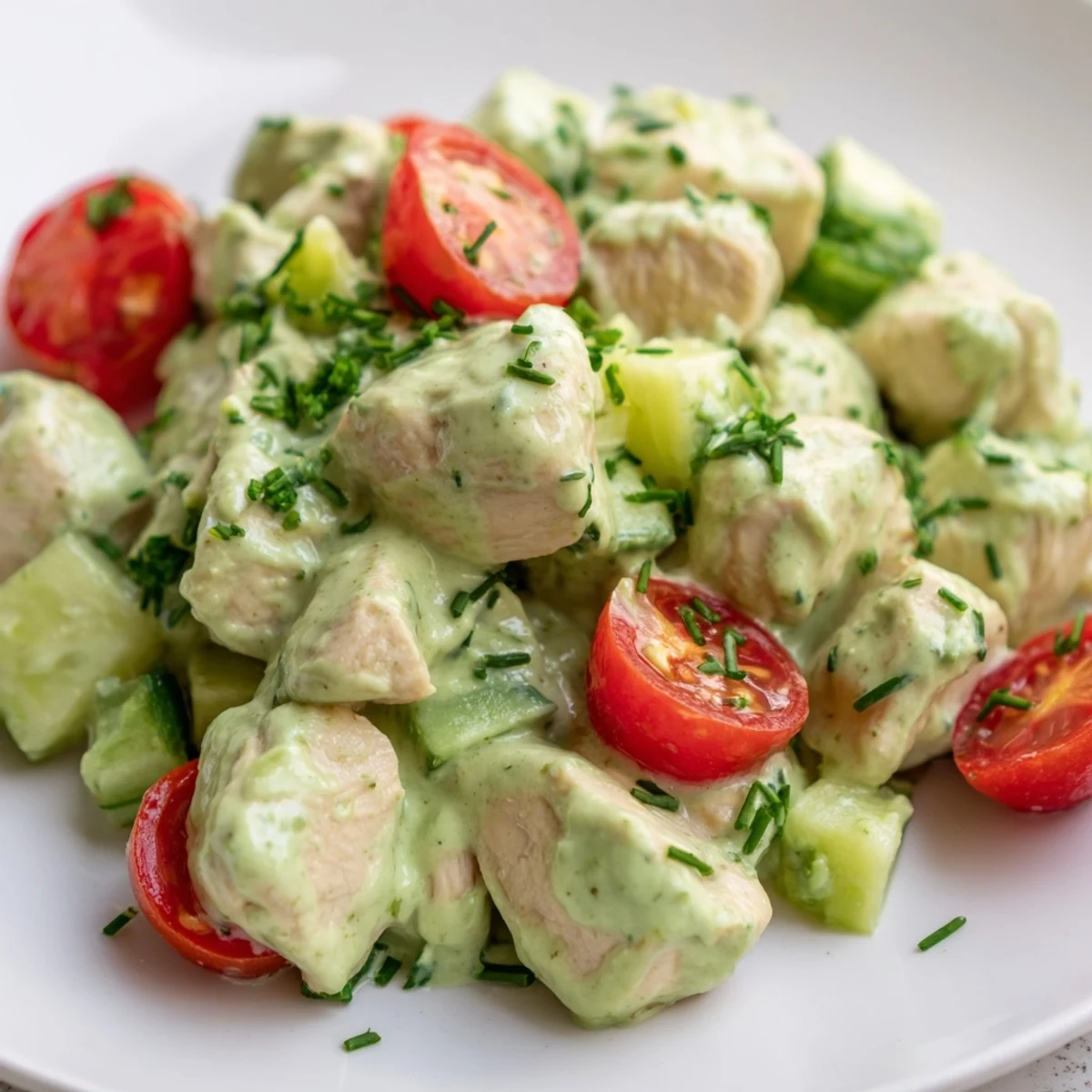 A bowl of Avocado Ranch Chicken Salad features juicy chicken, diced celery, red onion, and fresh herbs on a bed of mixed greens.