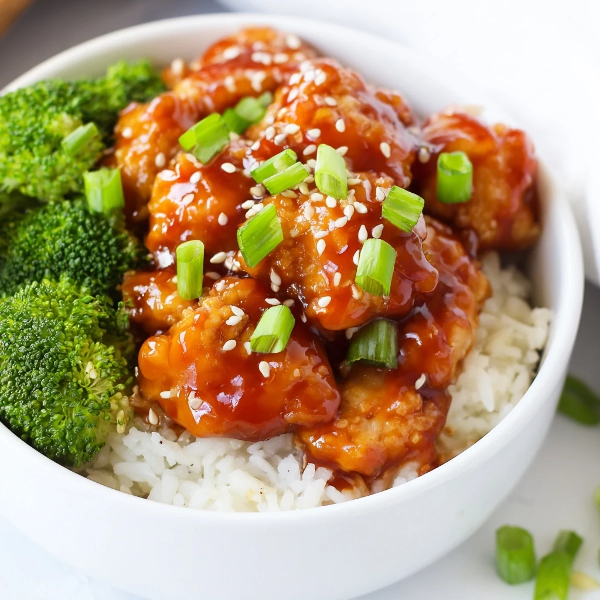 A close-up of a Sweet Chili Chicken Bowl, garnished with green onions and sesame seeds beside a fork.
