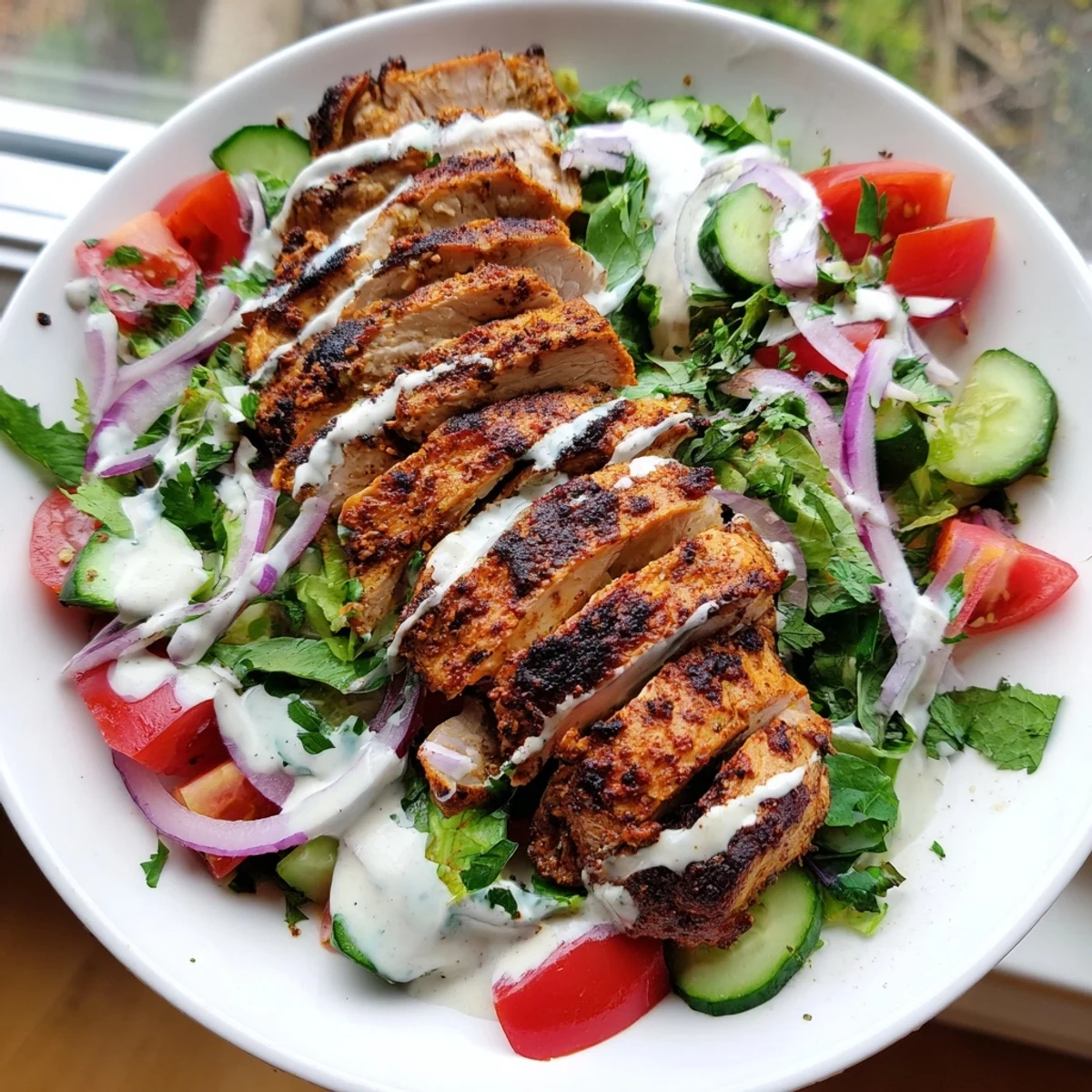 Vibrant Chicken Shawarma Salad drizzled with creamy yogurt dressing, featuring golden chicken, red onions, and parsley on a bed of mixed greens.