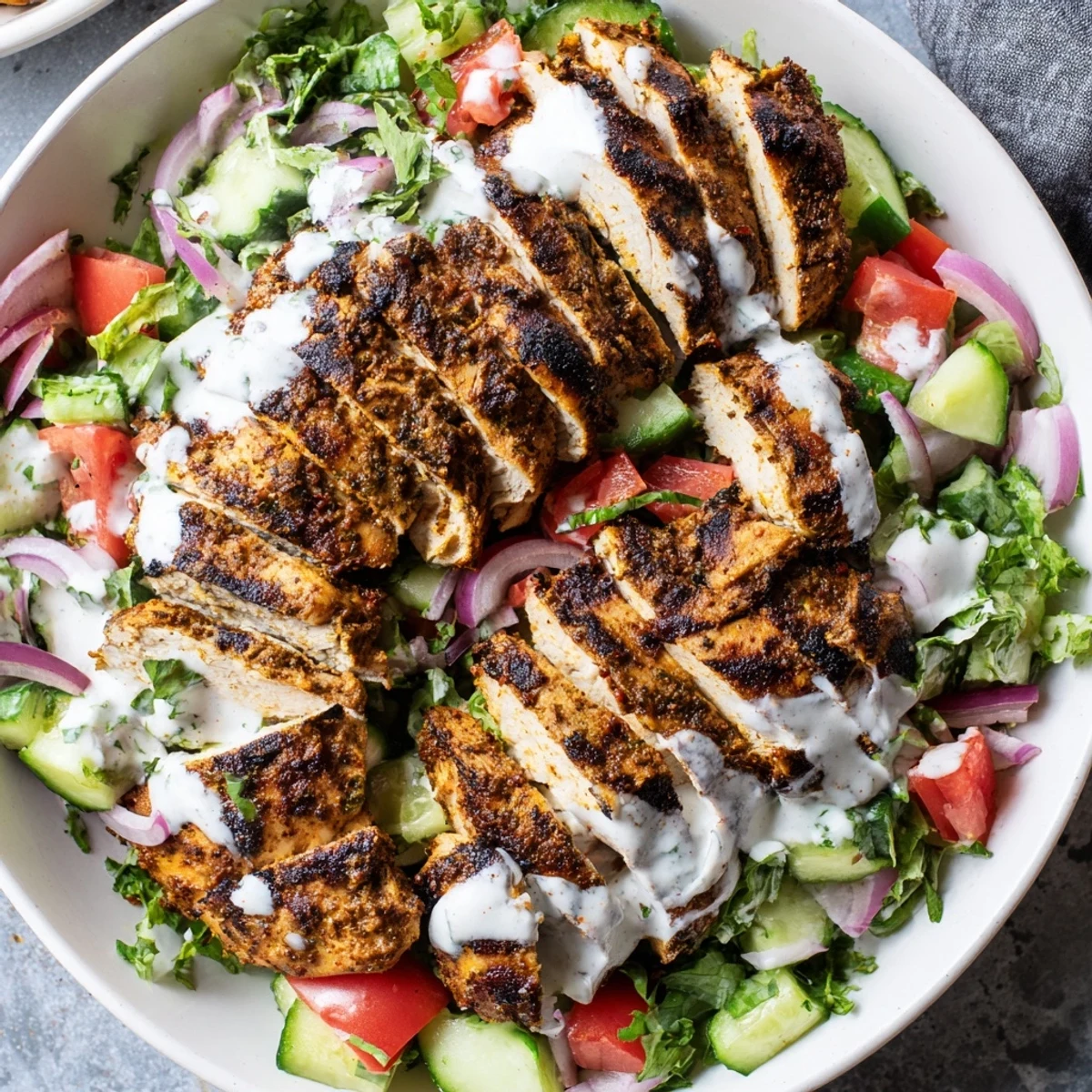 Colorful Chicken Shawarma Salad in a white bowl showcases spiced grilled chicken slices atop crisp cucumber, tomato, and fresh greens.