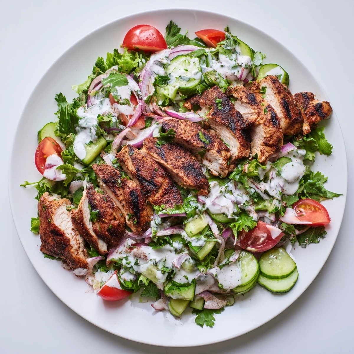 Plated Chicken Shawarma Salad with juicy marinated chicken, diced veggies, and tangy dressing, ready for a fresh, gluten-free main course.
