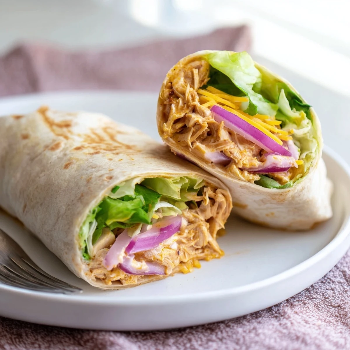 Golden-brown tortilla halves reveal a colorful filling of saucy chicken, cheese, and fresh toppings.  