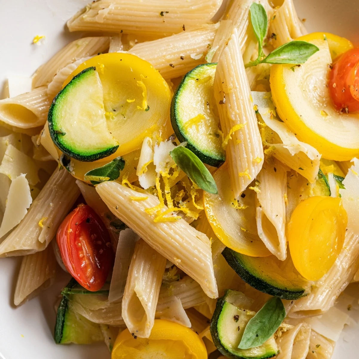 Garden Veggie Pasta with al dente penne, zucchini, and blistered cherry tomatoes in a garlic olive oil sauce, garnished with fresh basil.