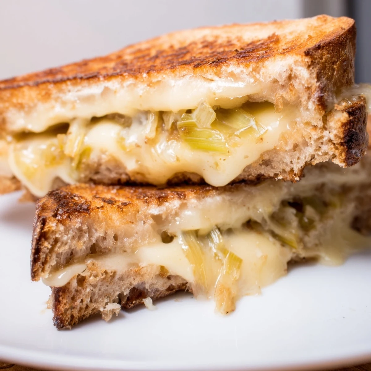 Freshly grilled Havarti & Caramelized Leek Grilled Cheese showcases melted cheese oozing from crispy sourdough with caramelized onions.  