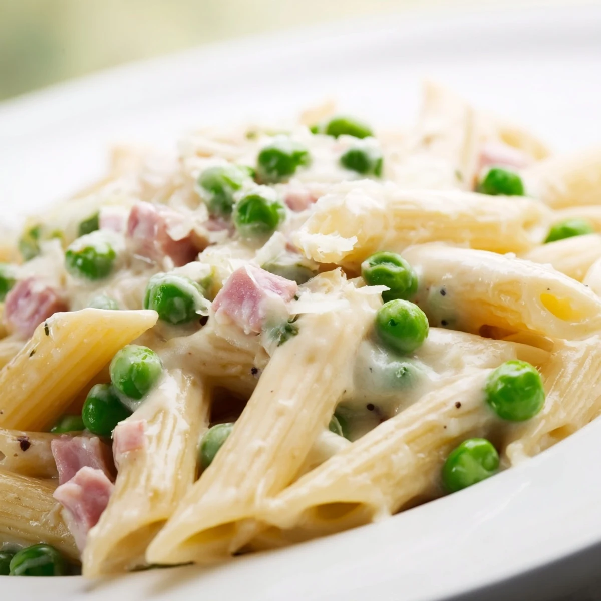 Creamy Spring Pea & Ham Pasta with tender penne, bright green peas, and diced savory ham on a white ceramic plate, garnished with fresh parsley.
