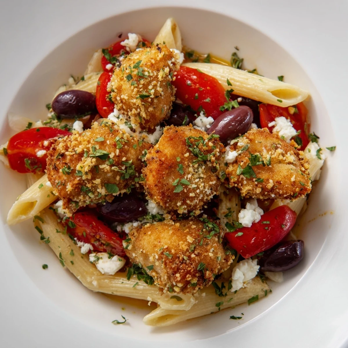 Golden crispy chicken pieces rest atop a vibrant Greek pasta salad featuring cherry tomatoes, cucumbers, and crumbled feta cheese.