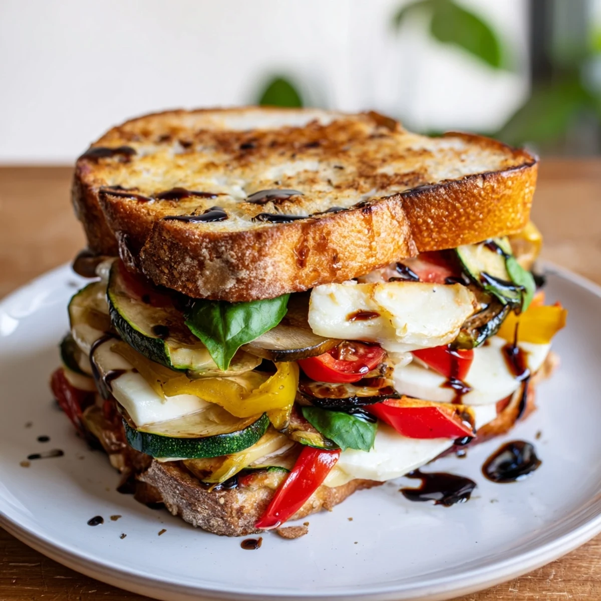 Roasted Veggie Caprese Grilled Cheese sandwich stacked with melted mozzarella and roasted veggies on crispy golden bread.