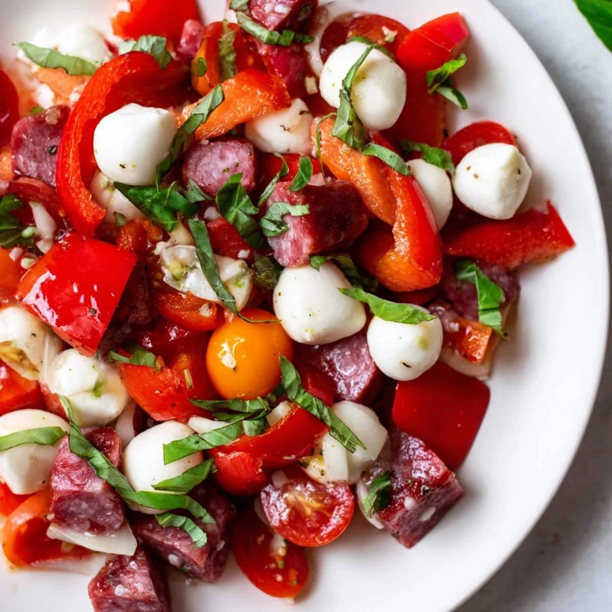 A bowl of Crunchy Antipasto Chopped Salad features chickpeas, salami, mozzarella pearls, and vibrant bell peppers tossed in a zesty vinaigrette.