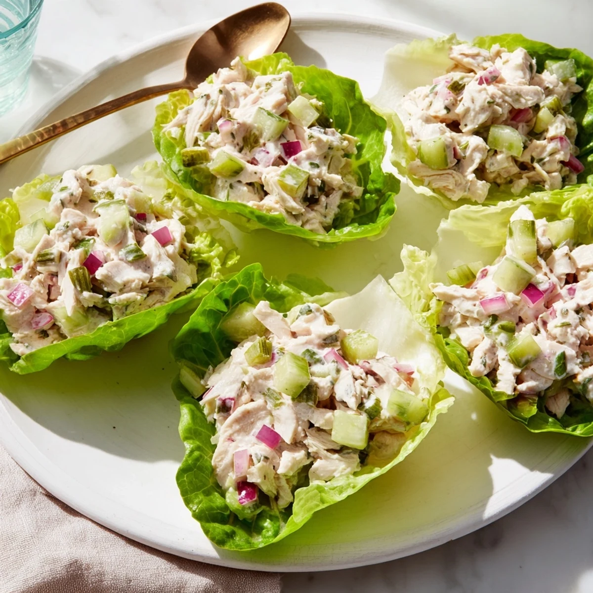 Freshly made dill pickle chicken salad filling bright lettuce cups, ready for a light lunch.