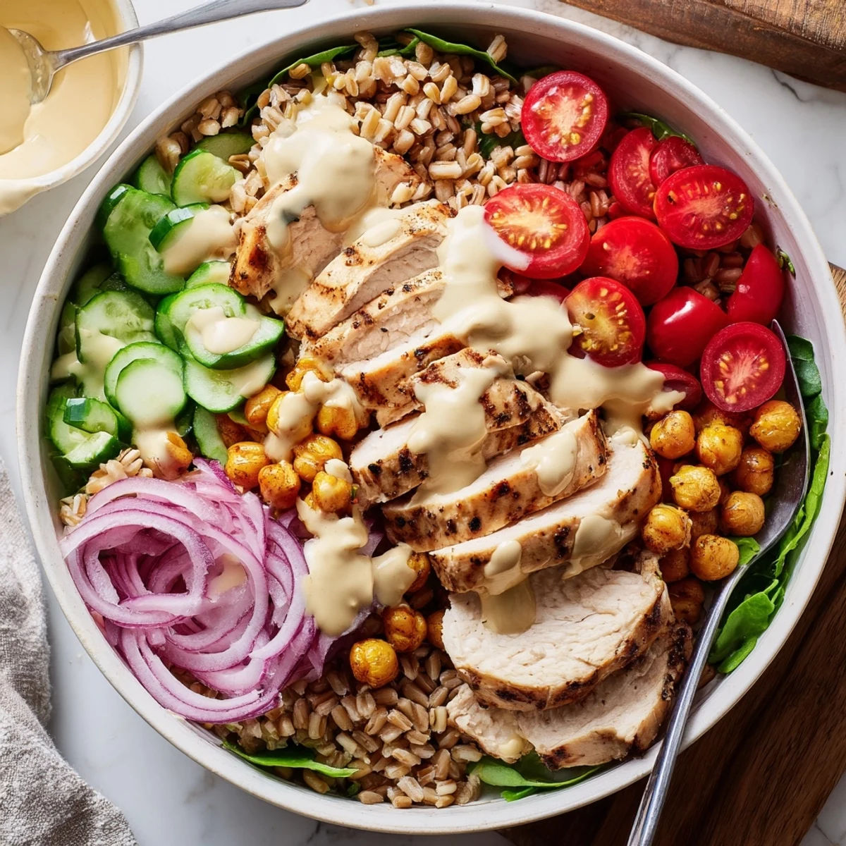 Sliced roasted chicken over hearty farro and greens in a Lemon Tahini Chicken Power Bowl, drizzled with creamy sauce.